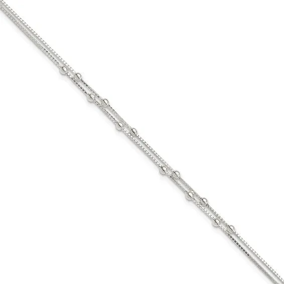 Sterling Silver Double Strand 9" Beaded Box Chain Anklet