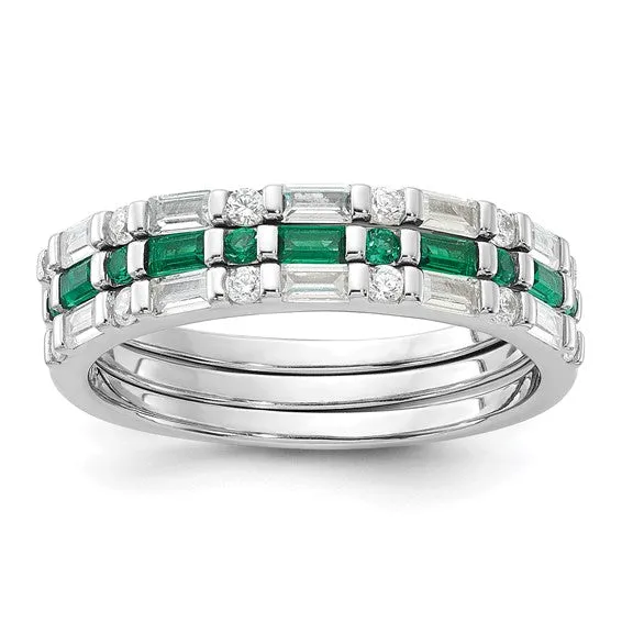 Sterling Silver Imitation Emerald and CZ 3 Ring Set