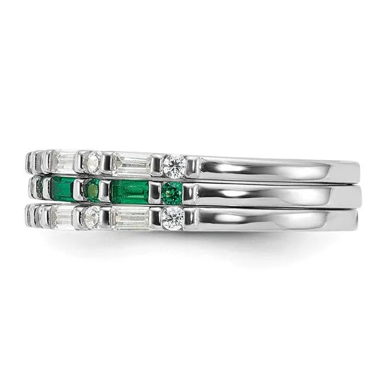 Sterling Silver Imitation Emerald and CZ 3 Ring Set