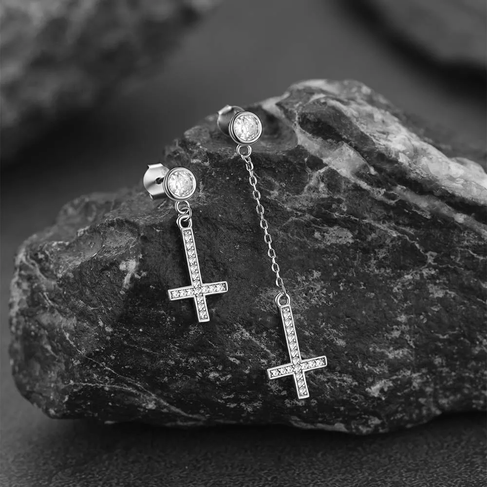 Sterling Silver Inverted Cross Earrings Drop Studs Cubic Zirconia