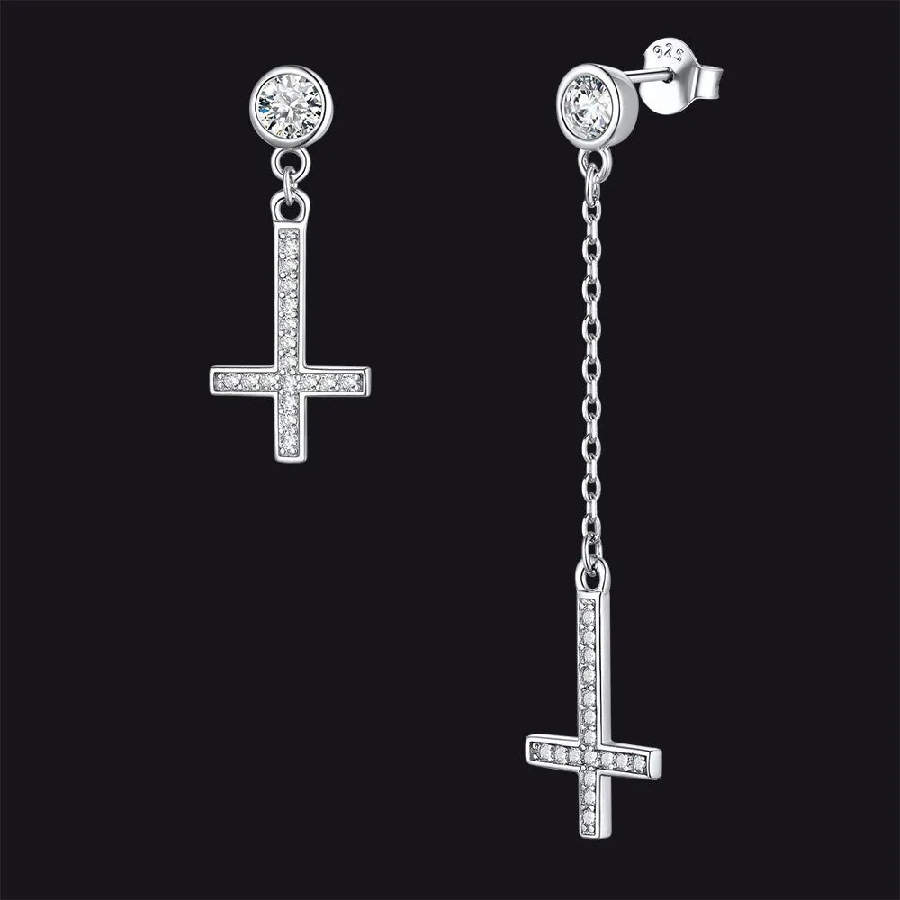 Sterling Silver Inverted Cross Earrings Drop Studs Cubic Zirconia