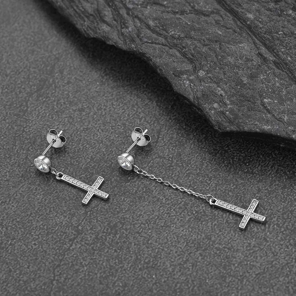 Sterling Silver Inverted Cross Earrings Drop Studs Cubic Zirconia