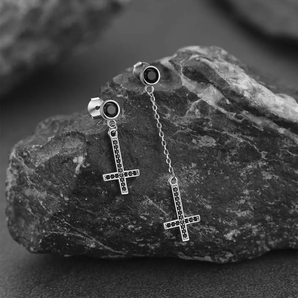 Sterling Silver Inverted Cross Earrings Drop Studs Cubic Zirconia