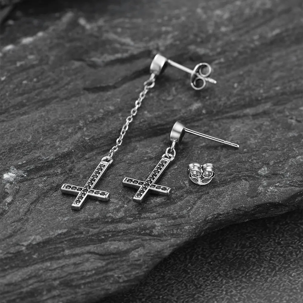 Sterling Silver Inverted Cross Earrings Drop Studs Cubic Zirconia