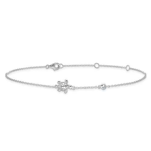 Sterling Silver Rhodium-Plated CZ Turtle With 2in Ext Anklet