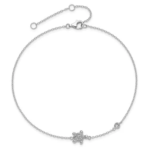 Sterling Silver Rhodium-Plated CZ Turtle With 2in Ext Anklet