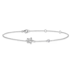 Sterling Silver Rhodium-Plated CZ Turtle With 2in Ext Anklet