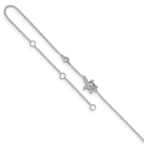 Sterling Silver Rhodium-Plated CZ Turtle With 2in Ext Anklet