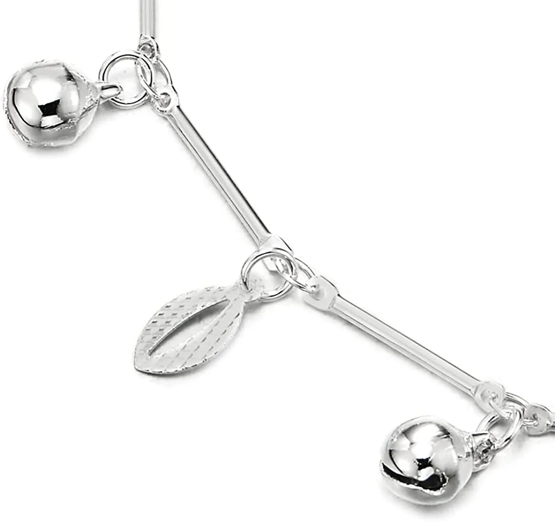 Stick Link Anklet Bracelet with Dangling Charm of Ovals and Jingle Bells, Adjustable