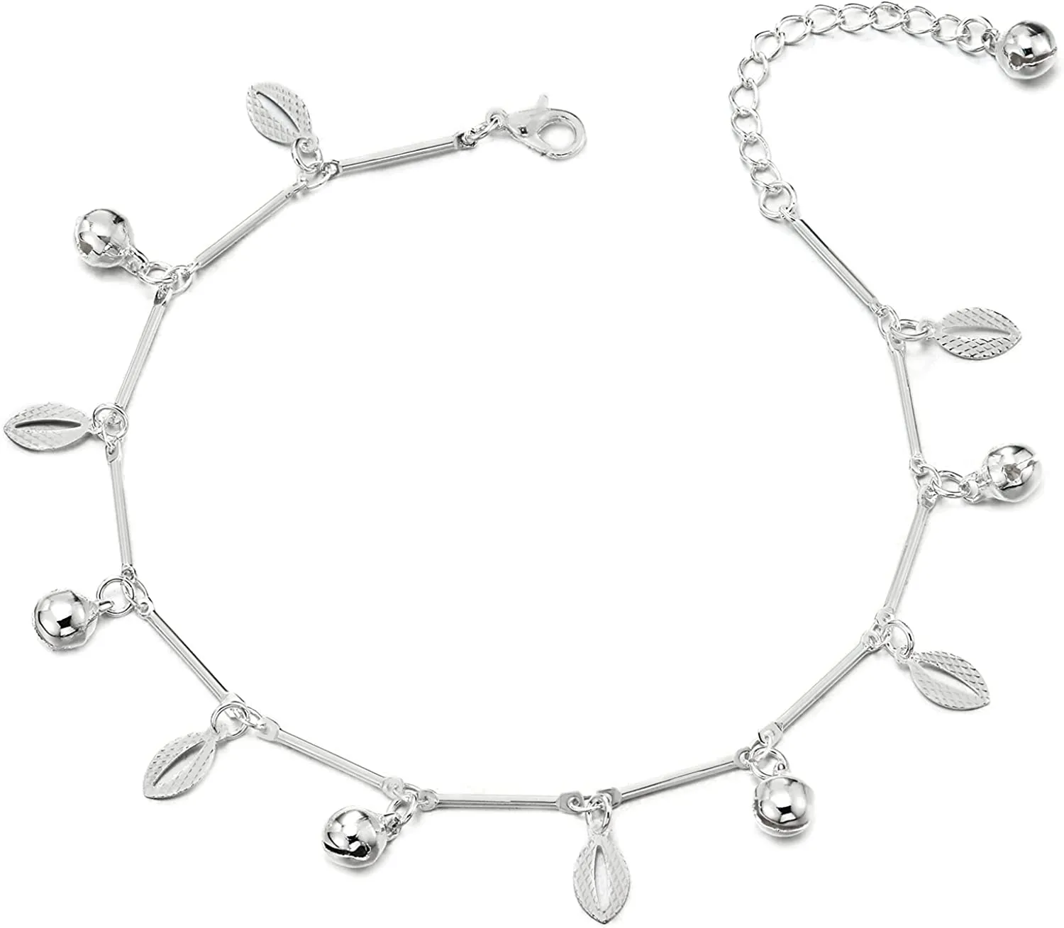 Stick Link Anklet Bracelet with Dangling Charm of Ovals and Jingle Bells, Adjustable