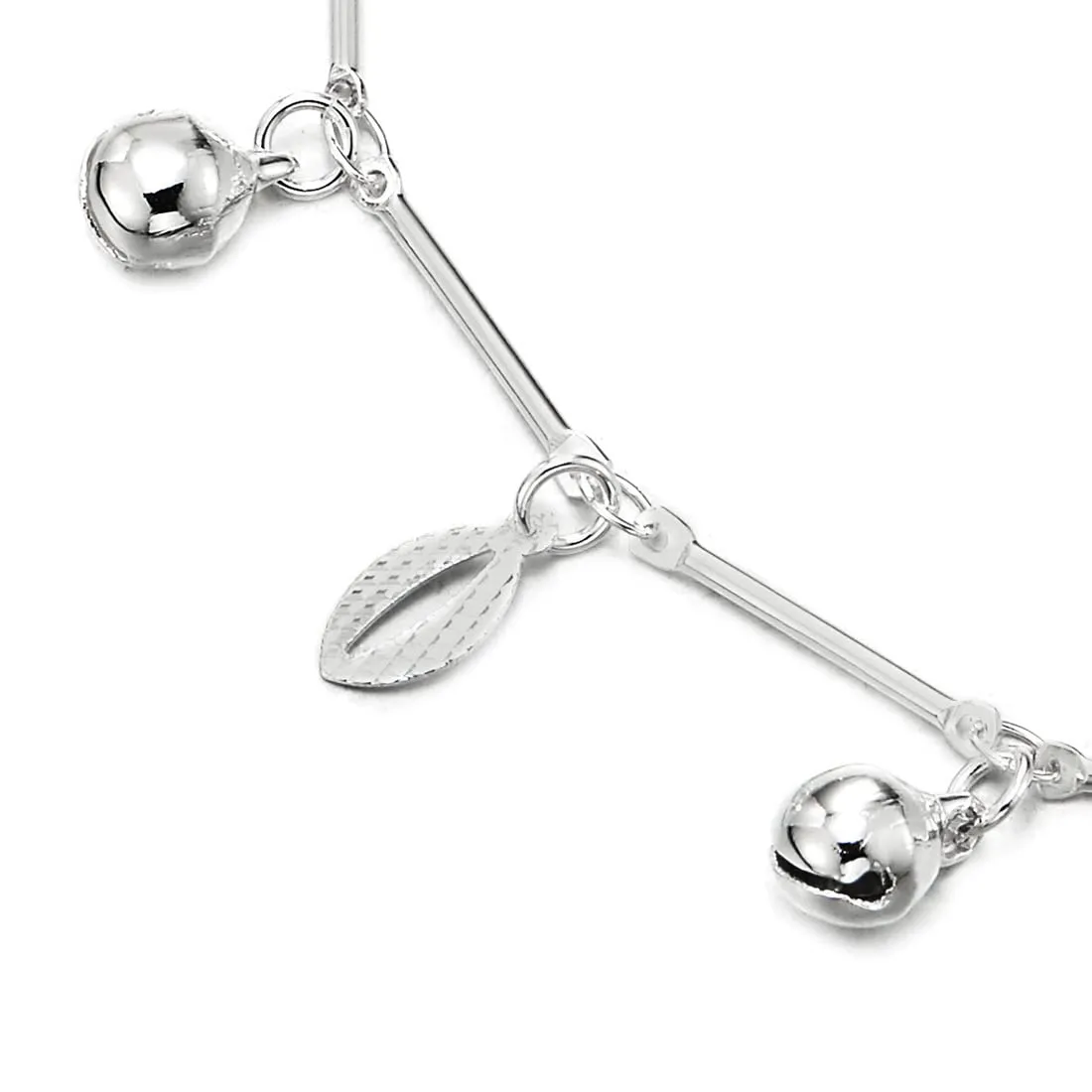 Stick Link Anklet Bracelet with Dangling Charm of Ovals and Jingle Bells, Adjustable