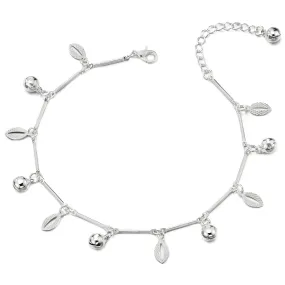 Stick Link Anklet Bracelet with Dangling Charm of Ovals and Jingle Bells, Adjustable