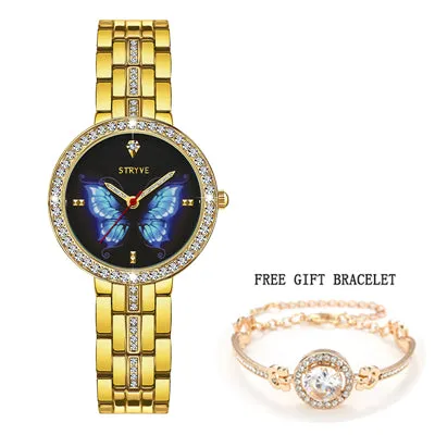 Stryve New Designer Ladies Watch Alloy Fashion Butterfly Crystal Dial Waterproof Quartz Luxury Women Watches With Free Bracelets