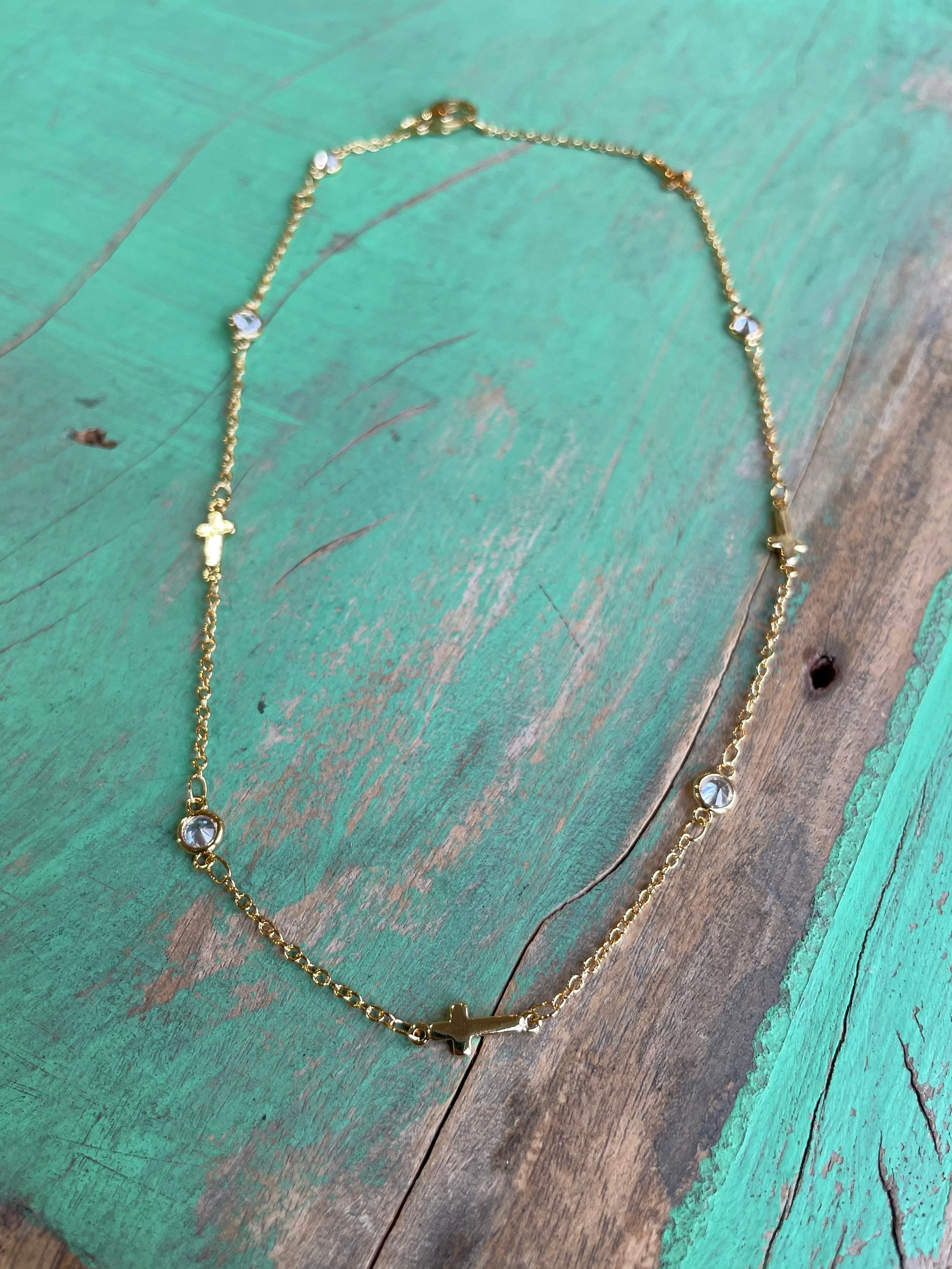 Sweet Sideways Cross Gold CZ Necklace