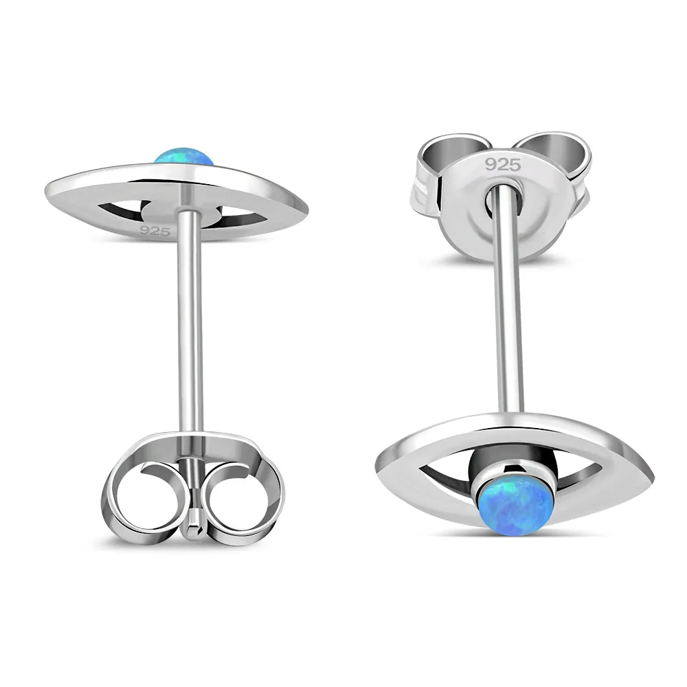 Synthetic Blue Opal Evil Eye Stud Silver Earrings