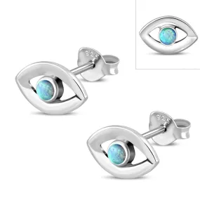 Synthetic Blue Opal Evil Eye Stud Silver Earrings