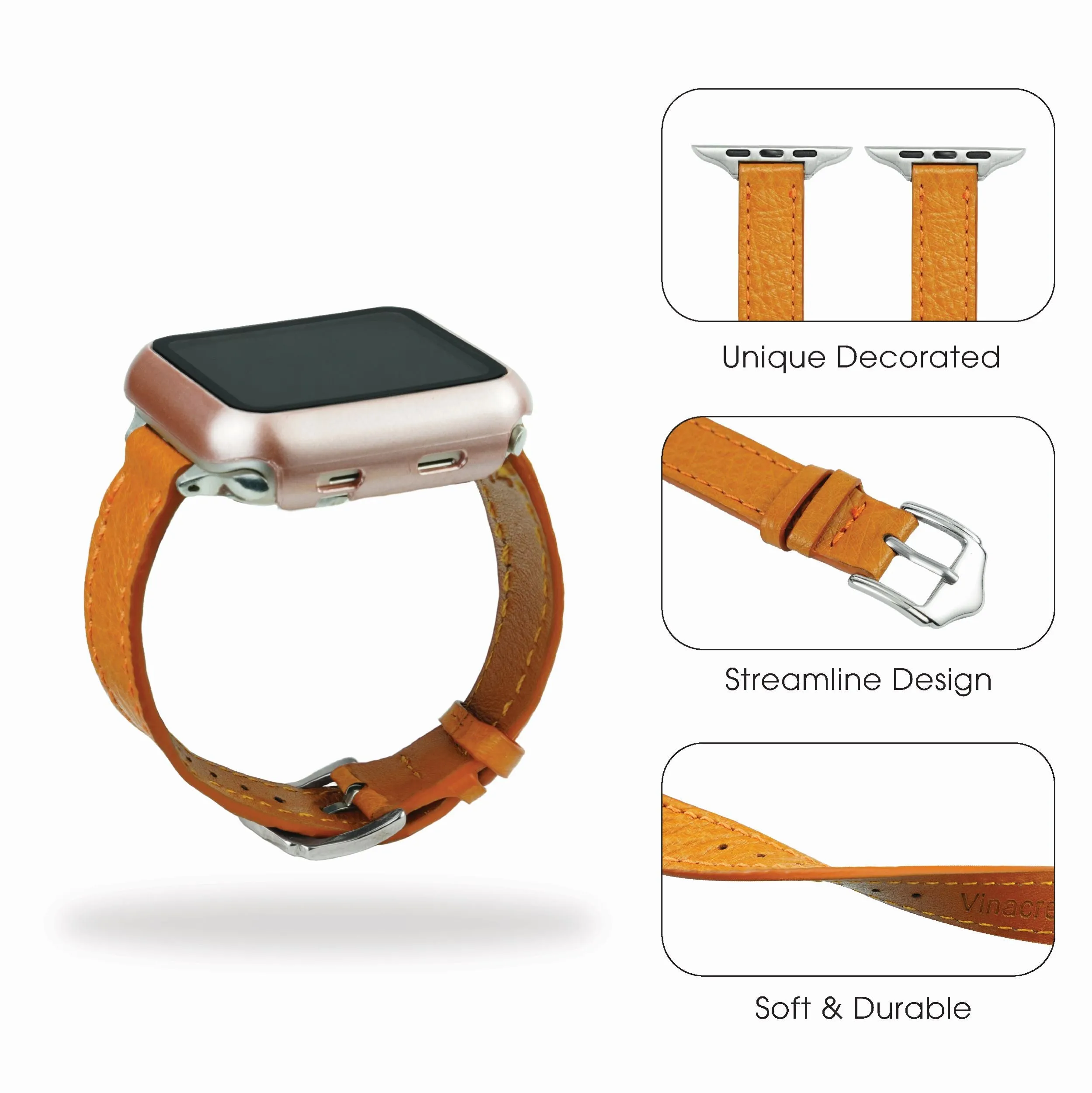 Tan Flat Ostrich Leather Band Compatible Apple Watch Iwatch 44mm Screen Protector Case Silver Adapter Replacement Strap For Smartwatch Series 4 5 6 SE Leather Handmade AW-182S-W-44MM