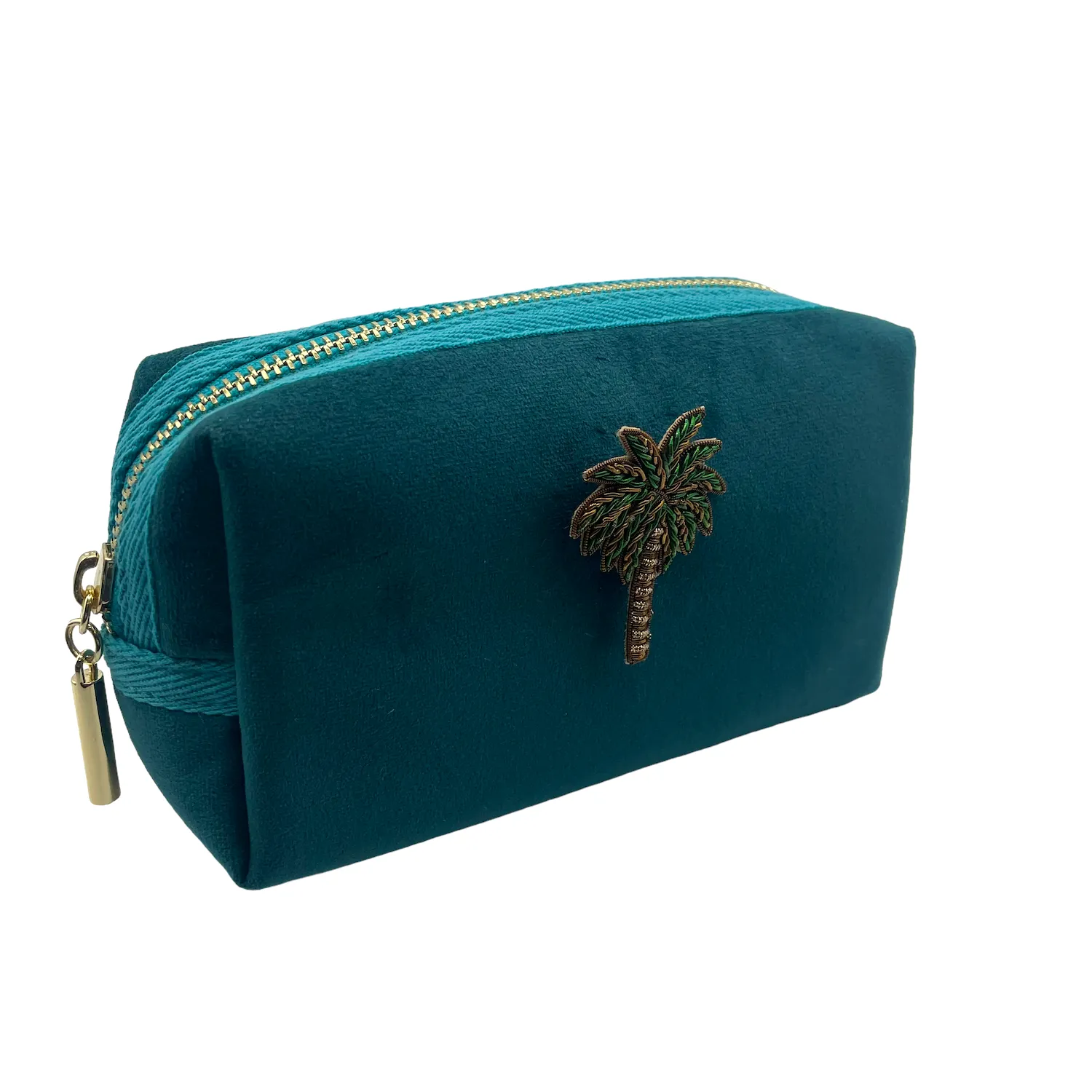 Teal make-up bag & green palm tree - recycled velvet