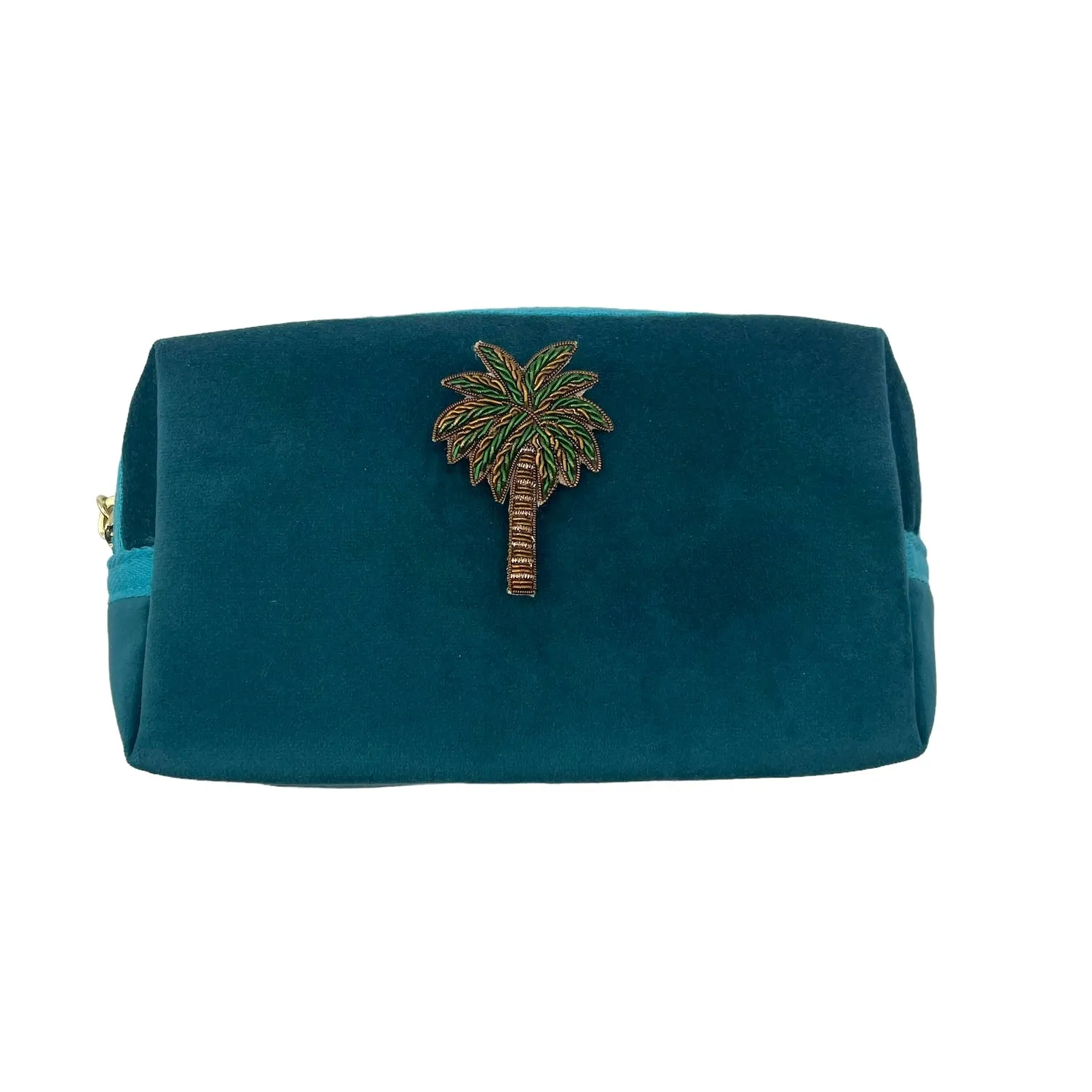 Teal make-up bag & green palm tree - recycled velvet