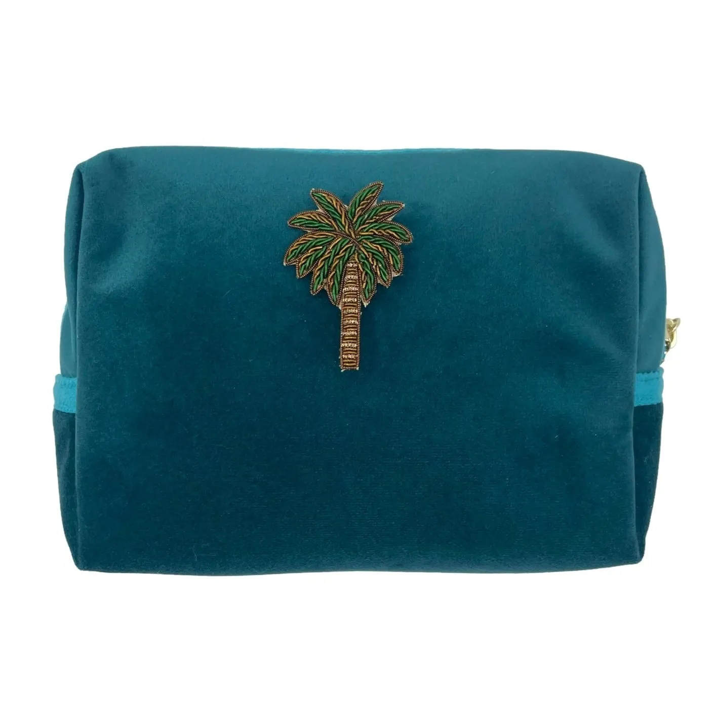 Teal make-up bag & green palm tree - recycled velvet