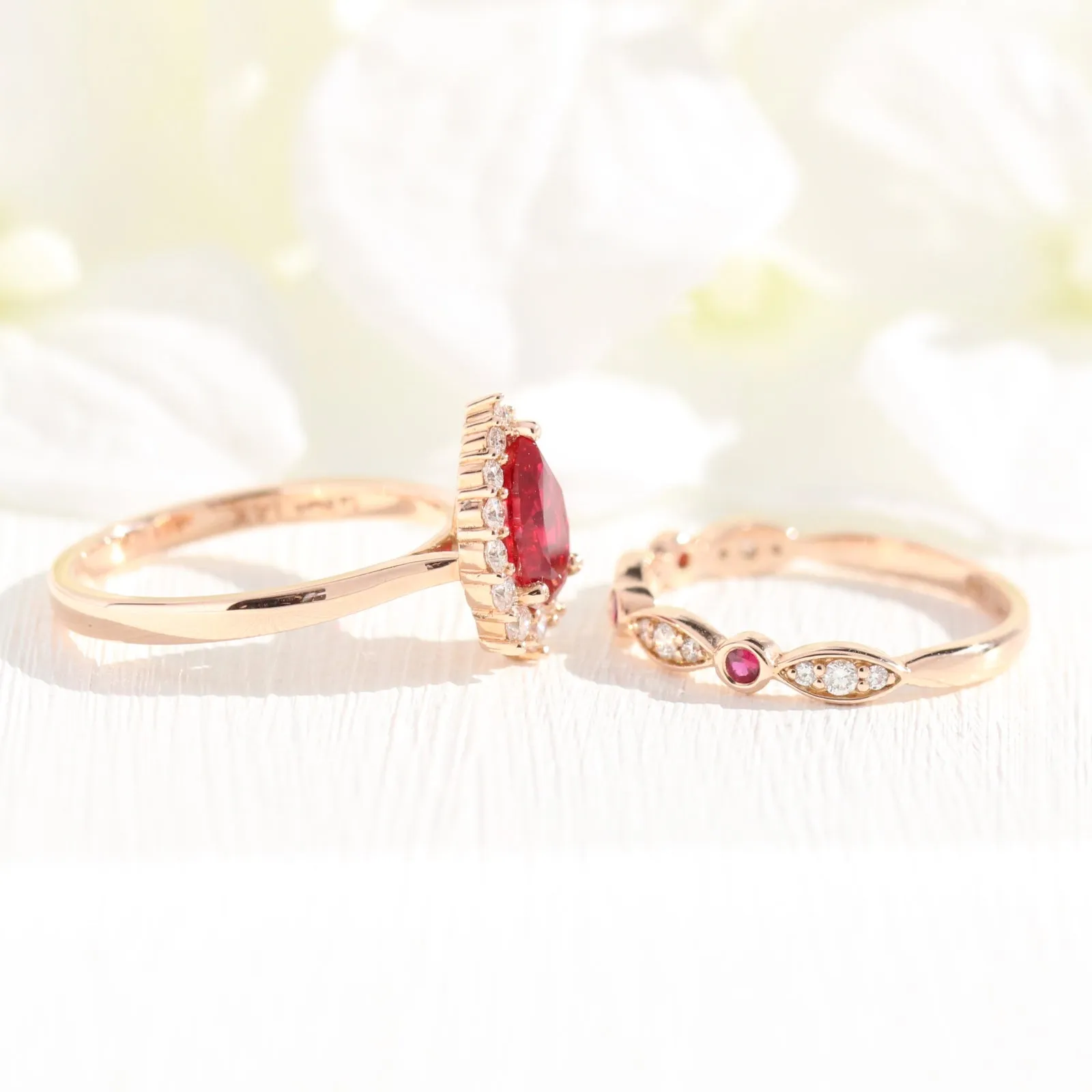 Tiara Halo Bridal Set w/ Pear Ruby and Bezel Scalloped Wedding Band