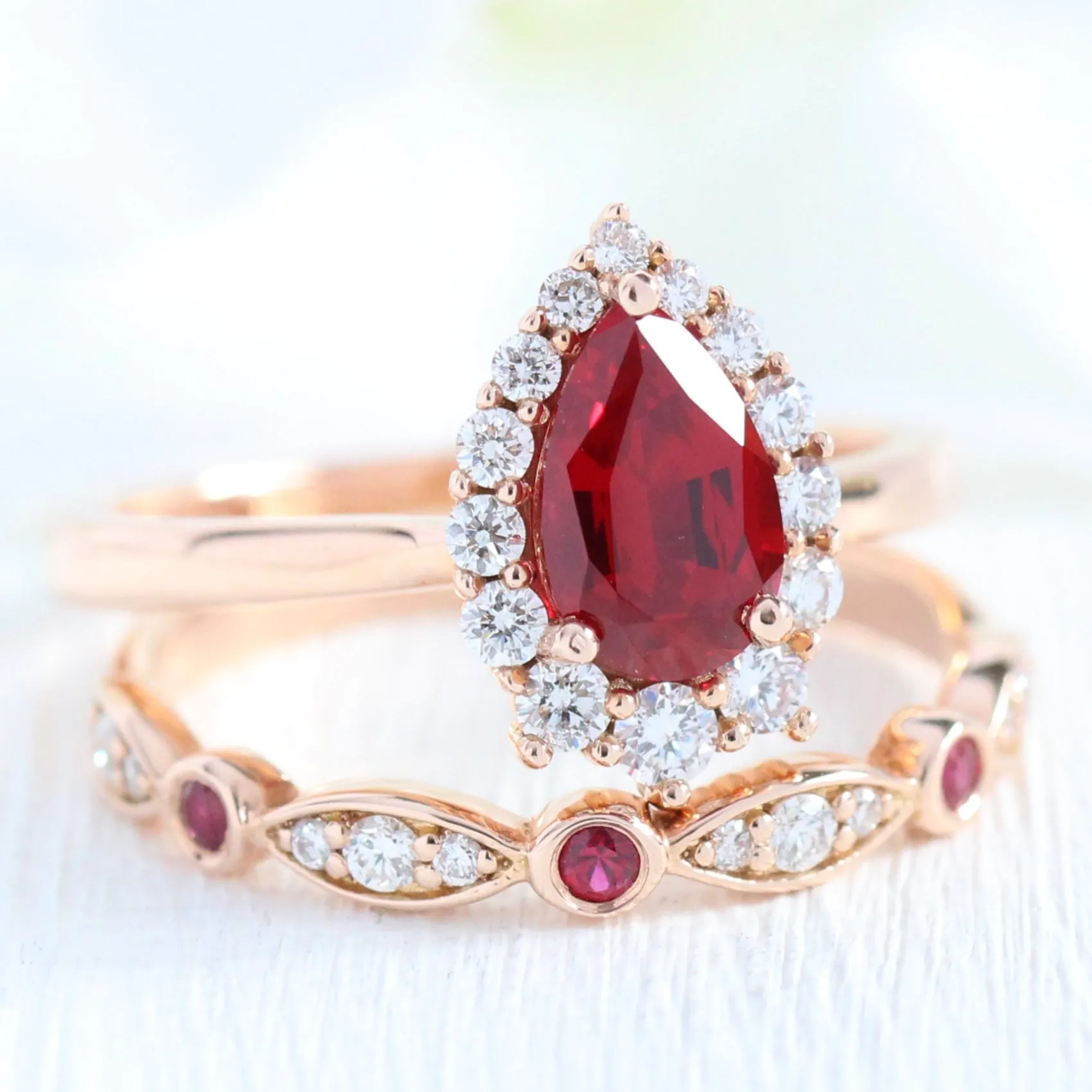 Tiara Halo Bridal Set w/ Pear Ruby and Bezel Scalloped Wedding Band