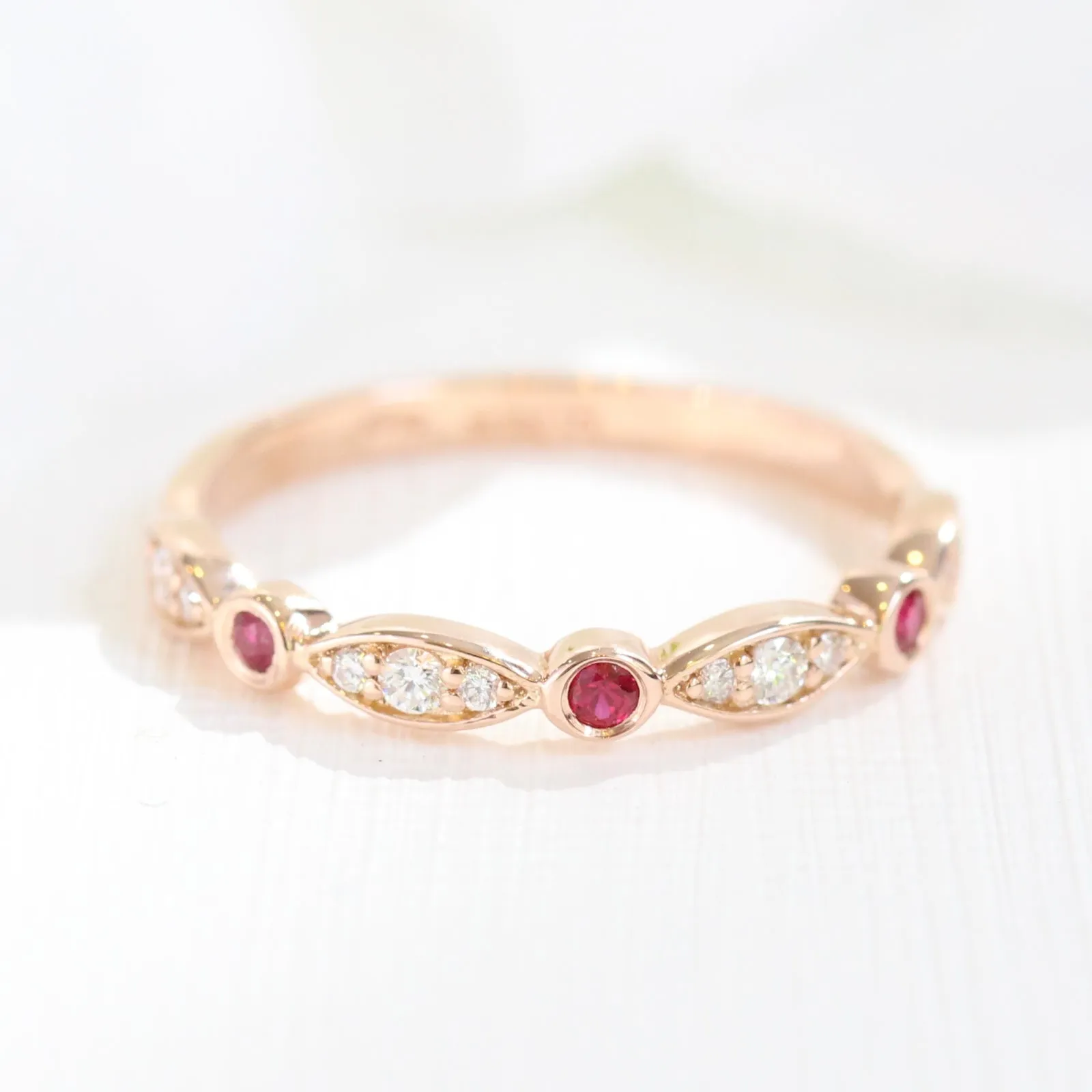 Tiara Halo Bridal Set w/ Pear Ruby and Bezel Scalloped Wedding Band