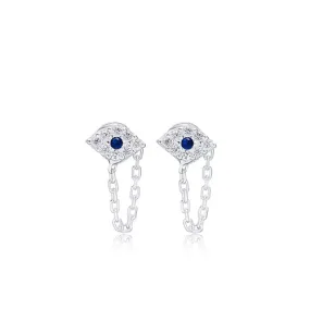 Tiny Lucky Oval Eye CZ Chain Post Earrings .925 sterling silver