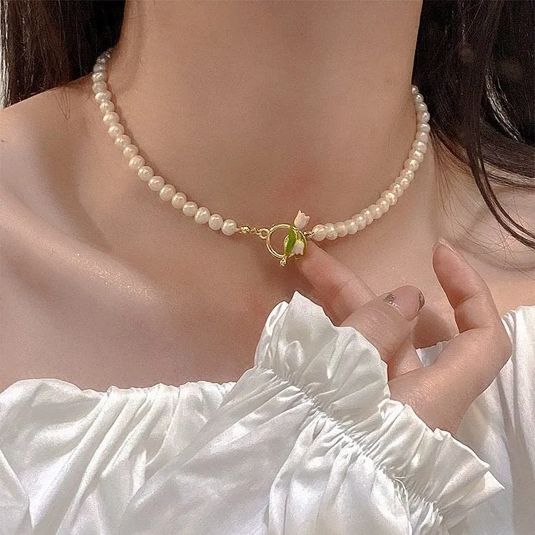 Tulip Pearl Chain Choker Necklace Bracelet Set