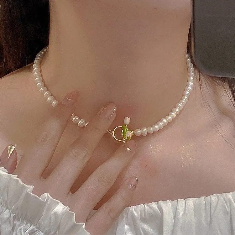 Tulip Pearl Chain Choker Necklace Bracelet Set