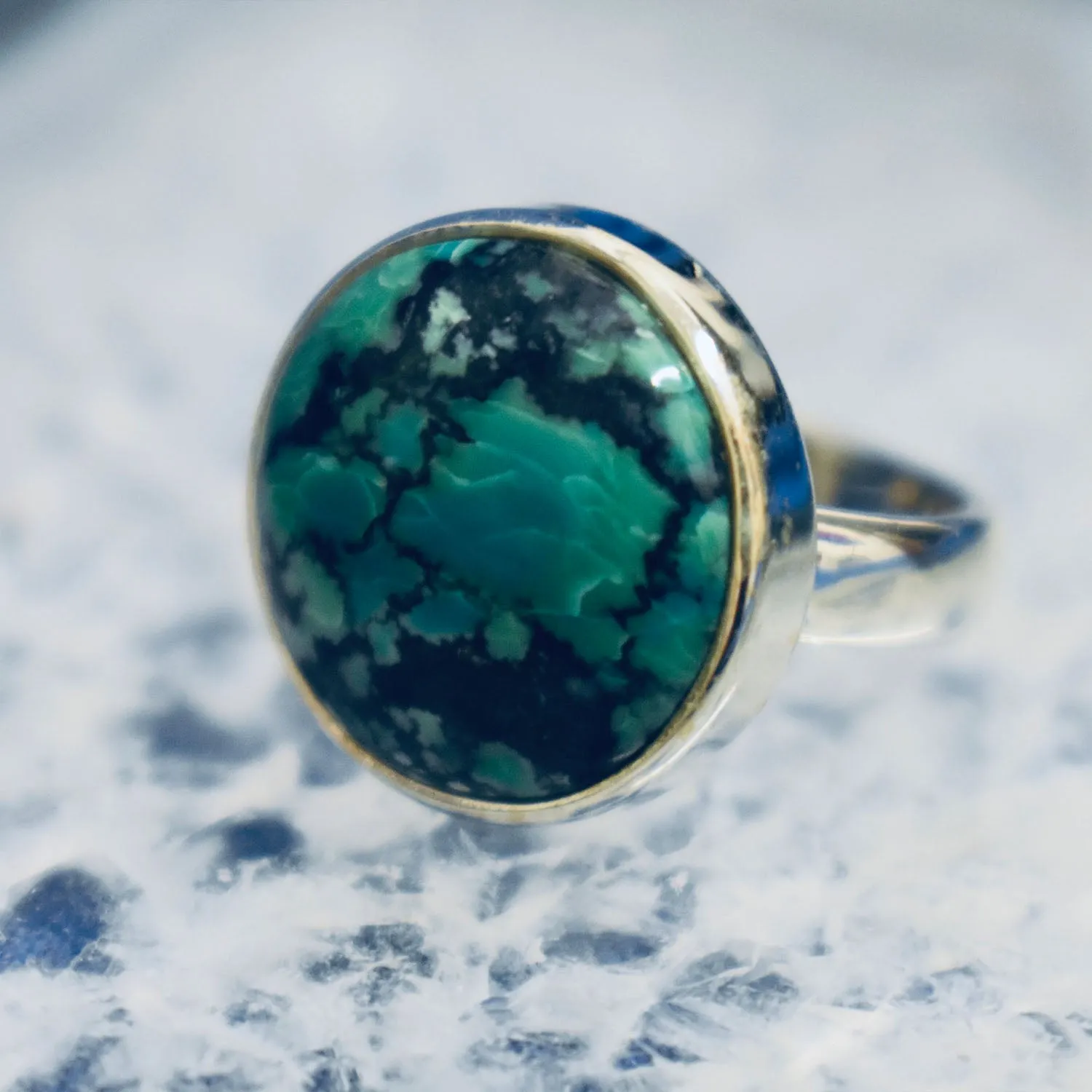 Turquoise Button Ring (925) Sterling Silver