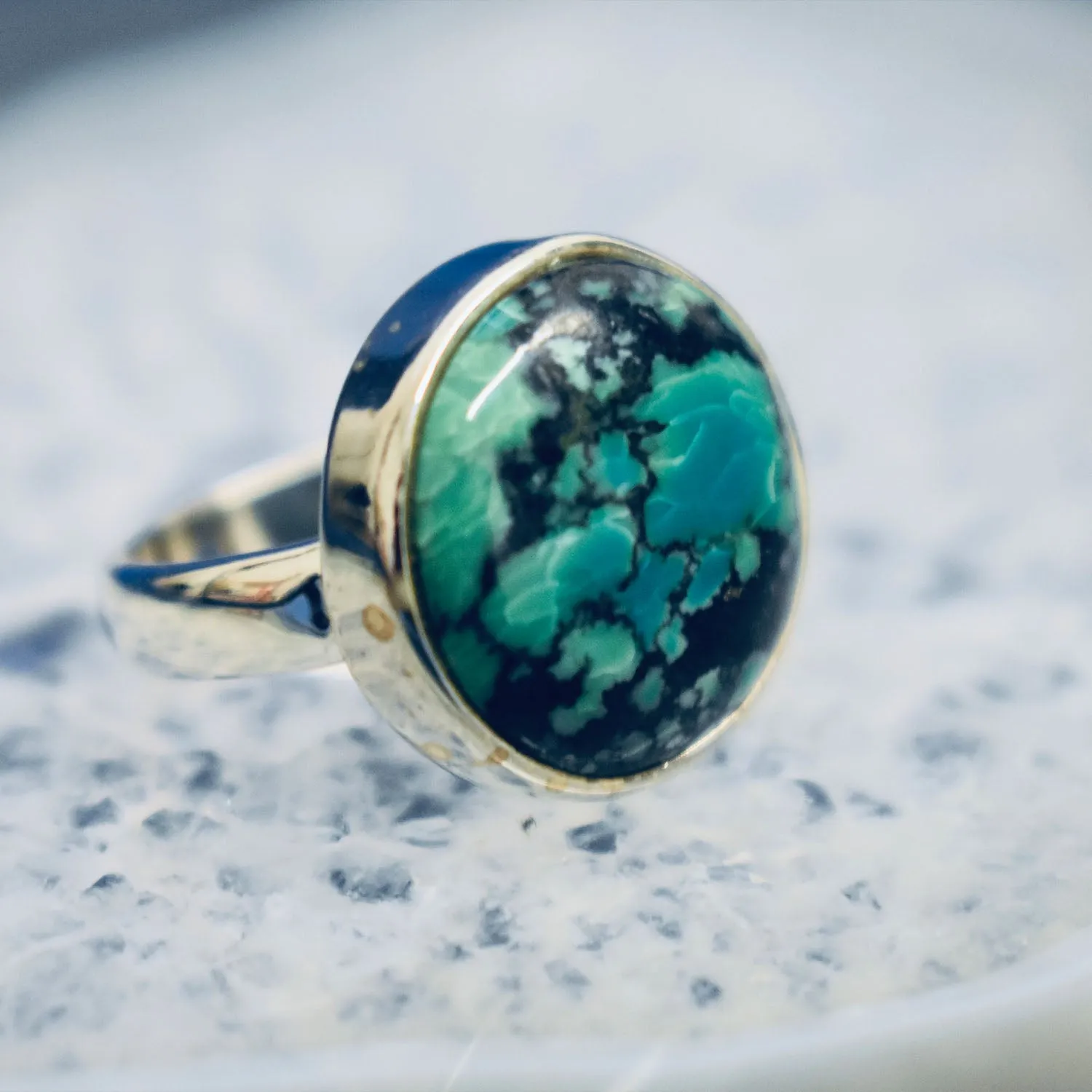 Turquoise Button Ring (925) Sterling Silver