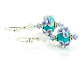 Turquoise Lilac Floral Lampwork Earrings