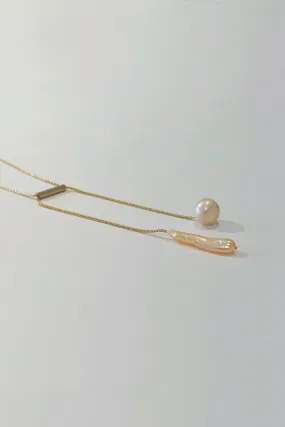 Twin Duo Adjustable Gold-Filled Chain Necklace With Freshwater Biwa Pearl and Baroque Pearl