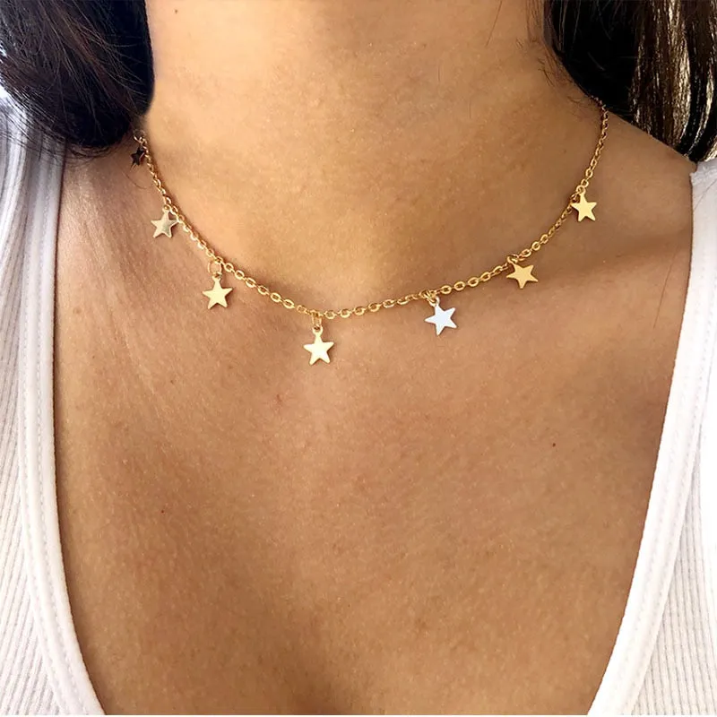 VenusFox fashion Women Simple Gold Stainless Steel Star Butterfly Dragonfly Round Tassels Non-fading Party Necklace Neck Chains Choker