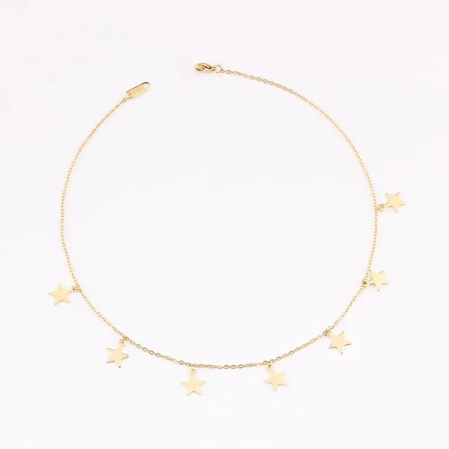 VenusFox fashion Women Simple Gold Stainless Steel Star Butterfly Dragonfly Round Tassels Non-fading Party Necklace Neck Chains Choker