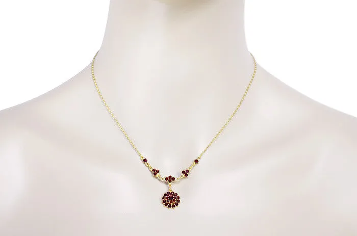 Victorian Bohemian Garnet Floral Drop Necklace in Sterling Silver and Yellow Gold Vermeil