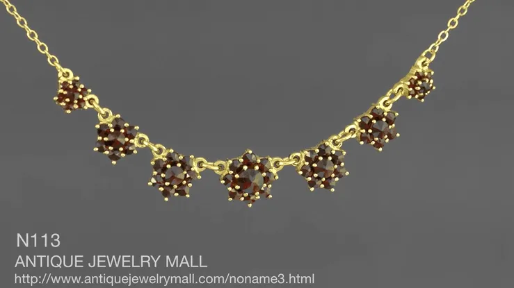 Victorian Bohemian Garnet Floral Drop Necklace in Sterling Silver and Yellow Gold Vermeil