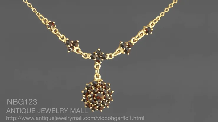 Victorian Bohemian Garnet Floral Drop Necklace in Sterling Silver and Yellow Gold Vermeil