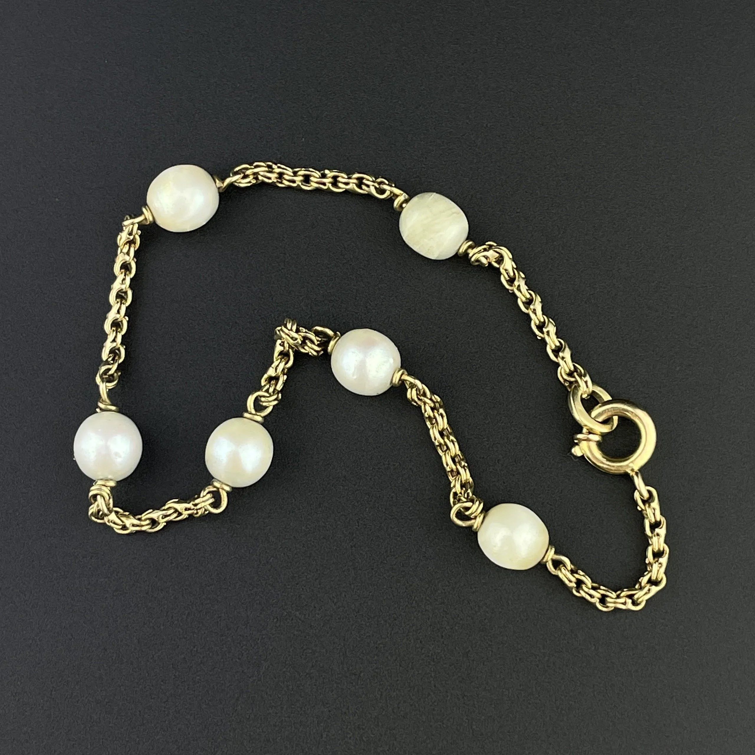 Vintage 10K Gold Pearl Tin Cup Chain Bracelet