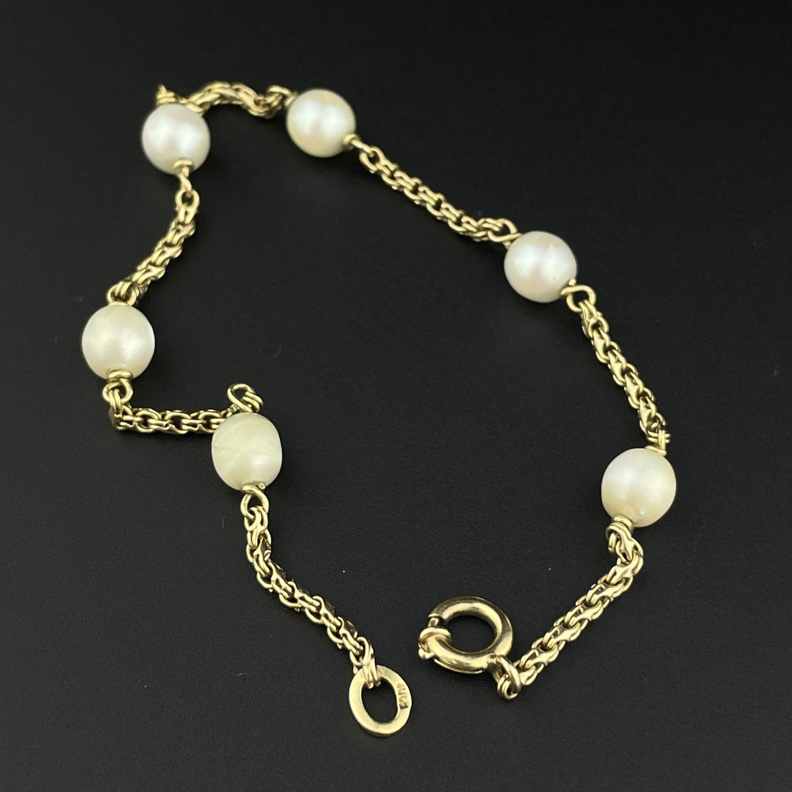 Vintage 10K Gold Pearl Tin Cup Chain Bracelet