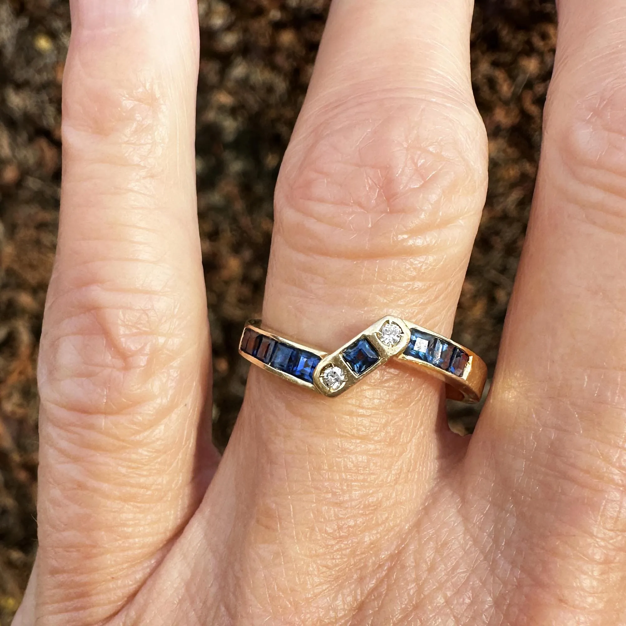 Vintage 14K Gold Diamond Carré Sapphire Ring Band