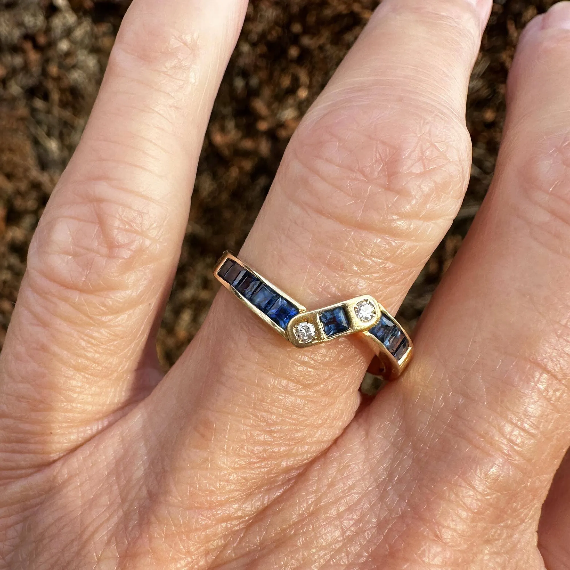 Vintage 14K Gold Diamond Carré Sapphire Ring Band