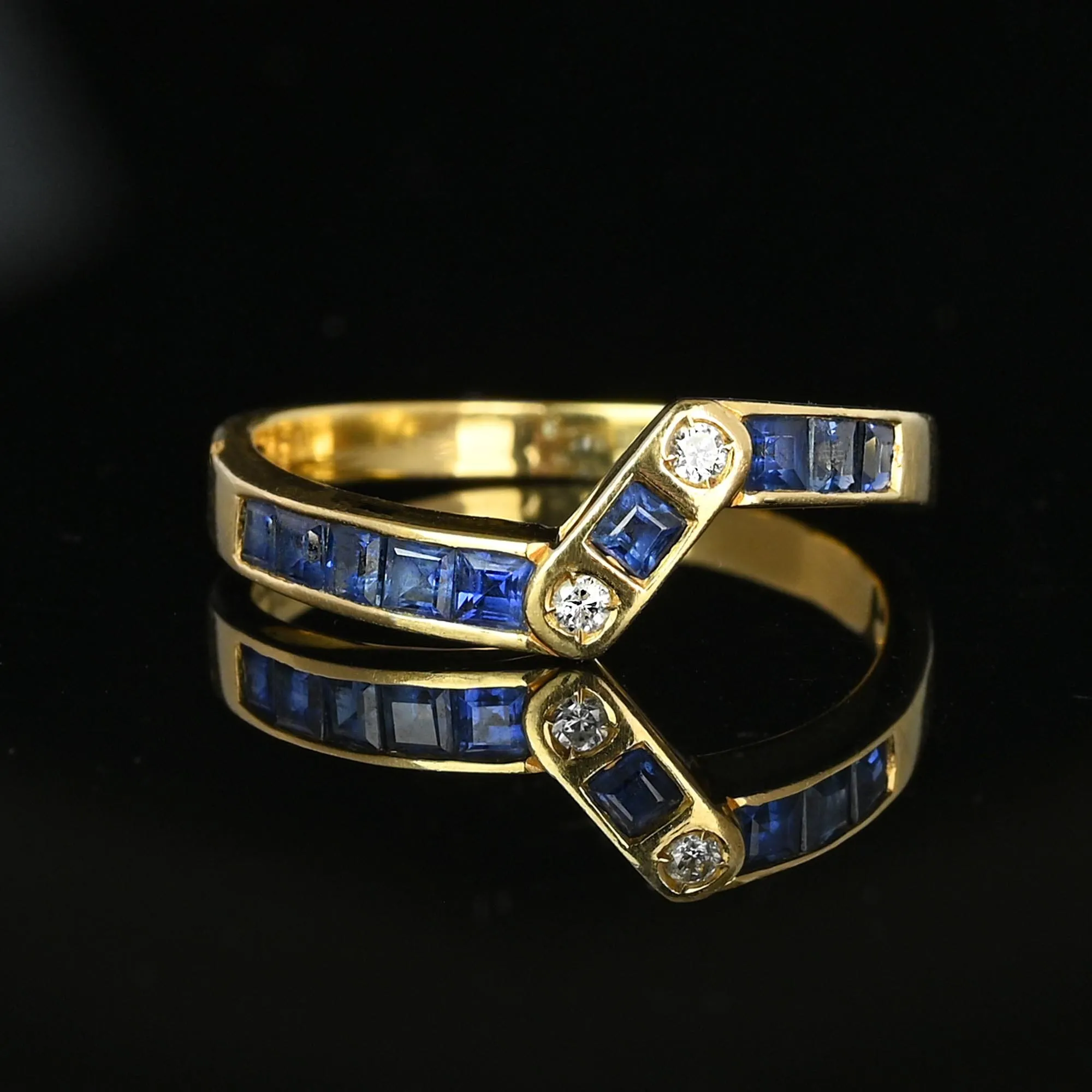 Vintage 14K Gold Diamond Carré Sapphire Ring Band