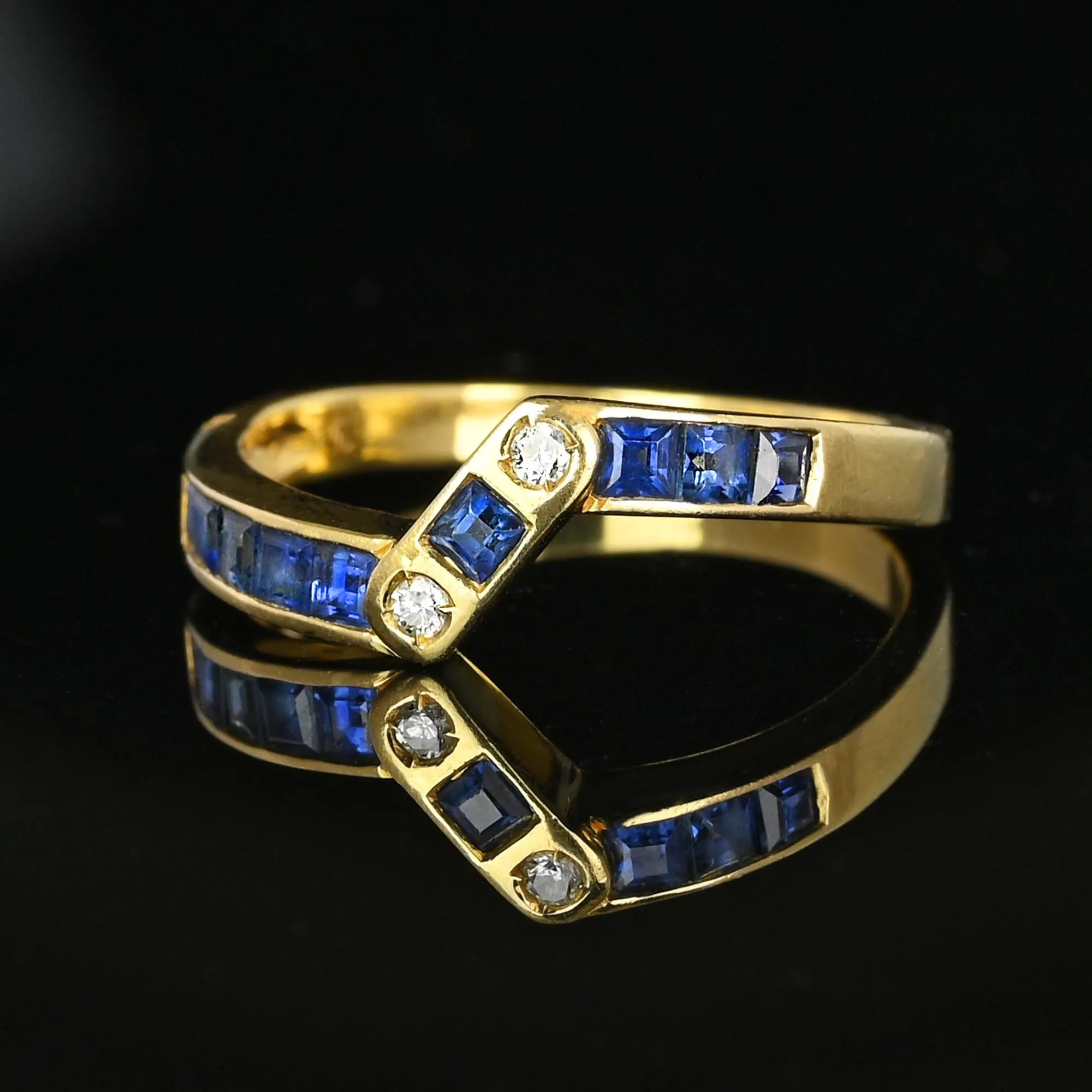 Vintage 14K Gold Diamond Carré Sapphire Ring Band