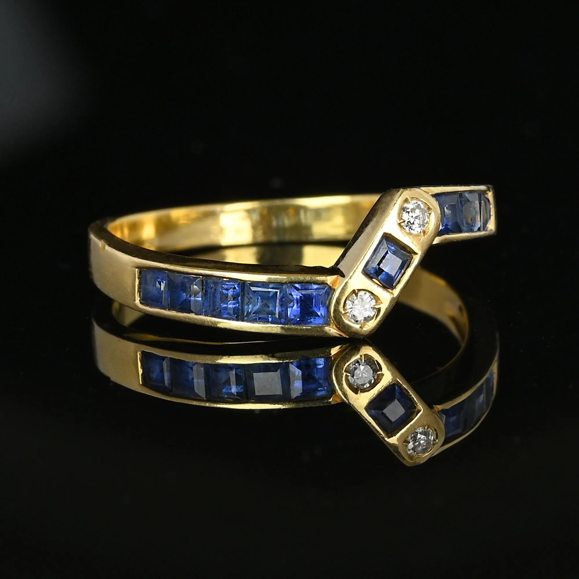 Vintage 14K Gold Diamond Carré Sapphire Ring Band