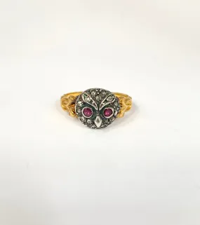 Vintage, 15ct Gold and Silver, Rose Cut Diamond and Ruby eyed Owl Ring