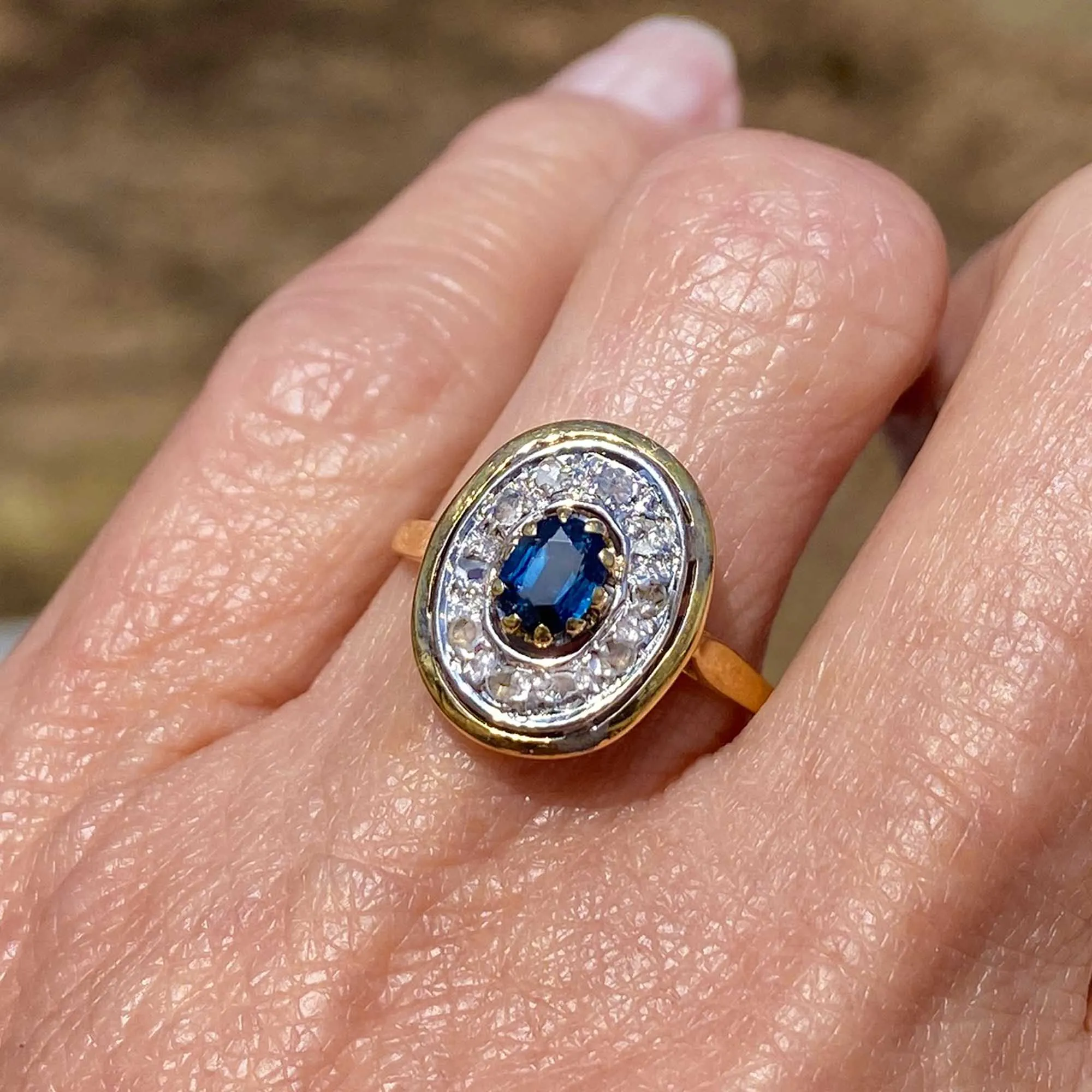 Vintage 18K Gold Rose Cut Diamond Sapphire Ring