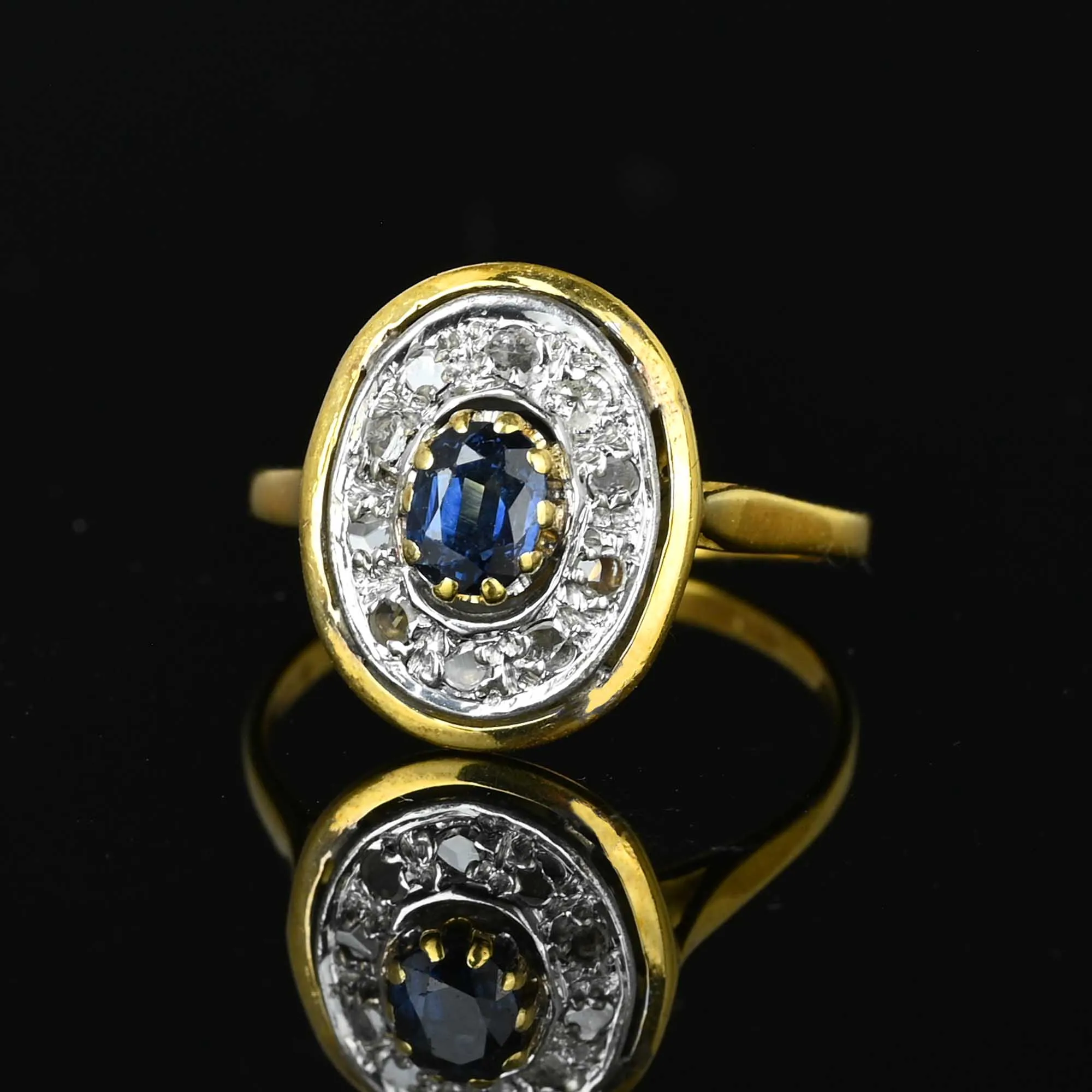 Vintage 18K Gold Rose Cut Diamond Sapphire Ring