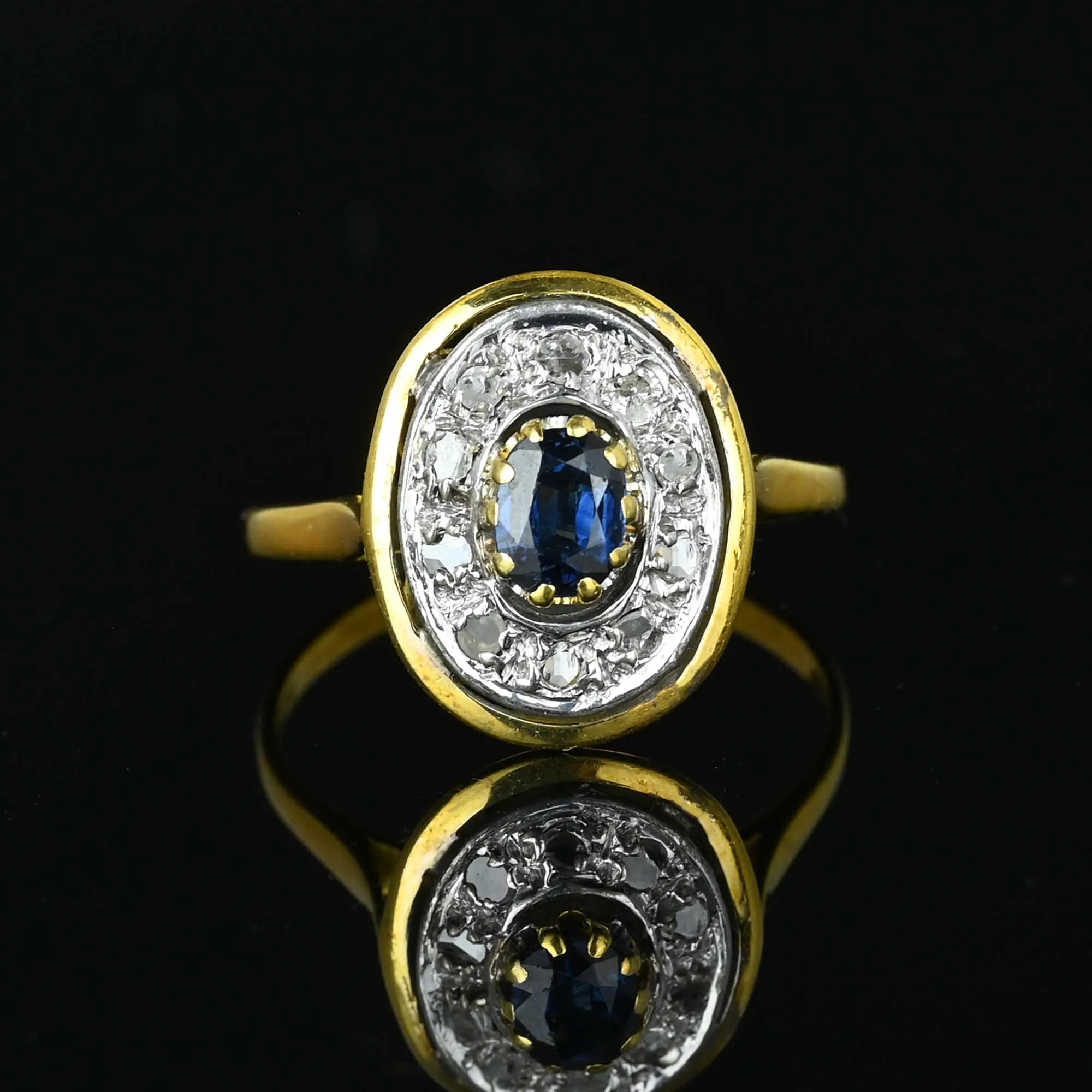 Vintage 18K Gold Rose Cut Diamond Sapphire Ring